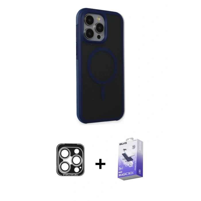 MARSİLYAN™- iPhone 15 Pro Max Kılıf Çekirdek Yansıma Prime - Siyah Bilvis 5in1 5D Magic Hayalet Cam Ekran Koruyucu + PVD Metal Kamera Lens - GS