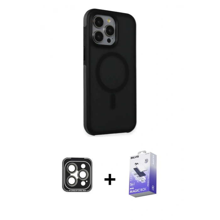 MARSİLYAN™- iPhone 15 Pro Max Kılıf Çekirdek Yansıma Prime - Siyah Bilvis 5in1 5D Magic Hayalet Cam Ekran Koruyucu + PVD Metal Kamera Lens - GI