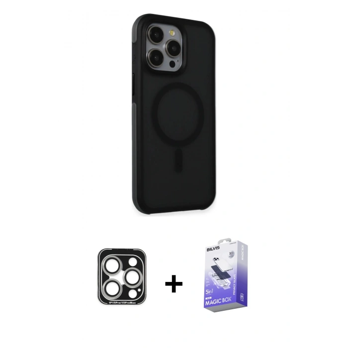 MARSİLYAN™- iPhone 15 Pro Max Kılıf Çekirdek Yansıma Prime - Siyah Bilvis 5in1 5D Magic Hayalet Cam Ekran Koruyucu + PVD Metal Kamera Lens - GS