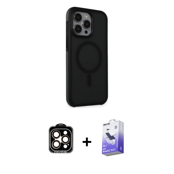 MARSİLYAN™- iPhone 15 Pro Max Kılıf Çekirdek Yansıma Prime - Siyah Bilvis 5in1 5D Magic Hayalet Cam Ekran Koruyucu + PVD Metal Kamera Lens - TU