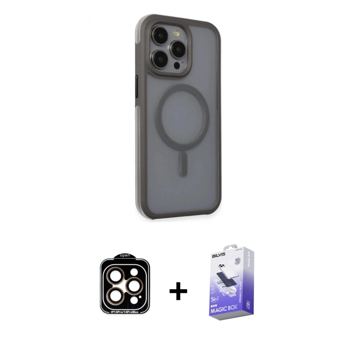 MARSİLYAN™- iPhone 15 Pro Max Kılıf Çekirdek Yansıma Prime - Siyah Bilvis 5in1 5D Magic Hayalet Cam Ekran Koruyucu + PVD Metal Kamera Lens - TU