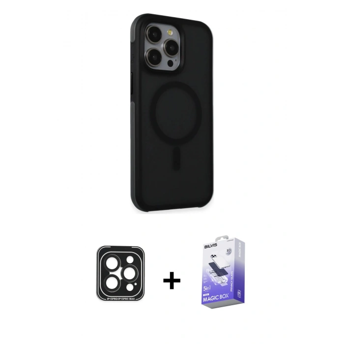 MARSİLYAN™- iPhone 15 Pro Max Kılıf Çekirdek Yansıma Prime - Siyah Bilvis 5in1 5D Magic Hayalet Cam Ekran Koruyucu + Siyah PVD Metal Kamera Lens