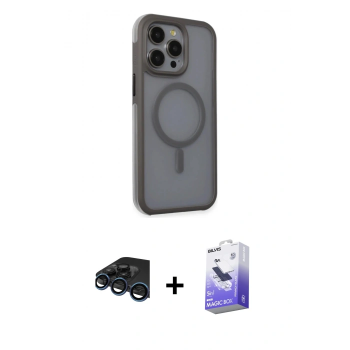 MARSİLYAN™- iPhone 15 Pro Max Kılıf Çekirdek Yansıma Prime - Siyah Bilvis 5in1 5D Magic Hayalet Cam Ekran Koruyucu + Raze Metal Kamera Lens - LT