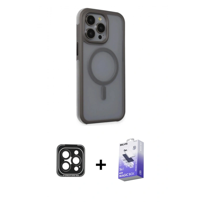 MARSİLYAN™- iPhone 15 Pro Max Kılıf Çekirdek Yansıma Prime - Siyah Bilvis 5in1 5D Magic Hayalet Cam Ekran Koruyucu + Siyah PVD Metal Kamera Lens