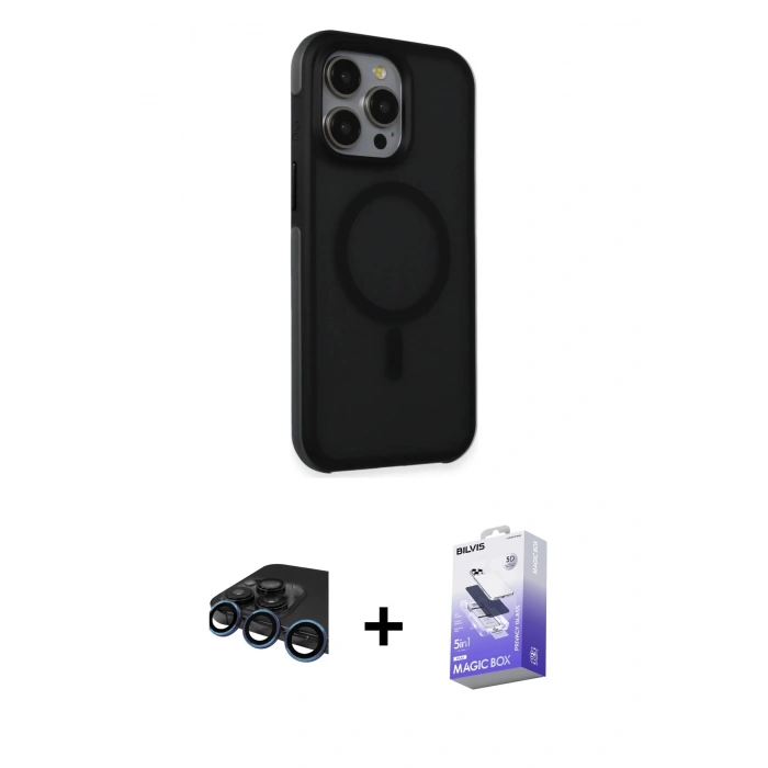 MARSİLYAN™- iPhone 15 Pro Max Kılıf Çekirdek Yansıma Prime - Siyah Bilvis 5in1 5D Magic Hayalet Cam Ekran Koruyucu + Raze Metal Kamera Lens - LT
