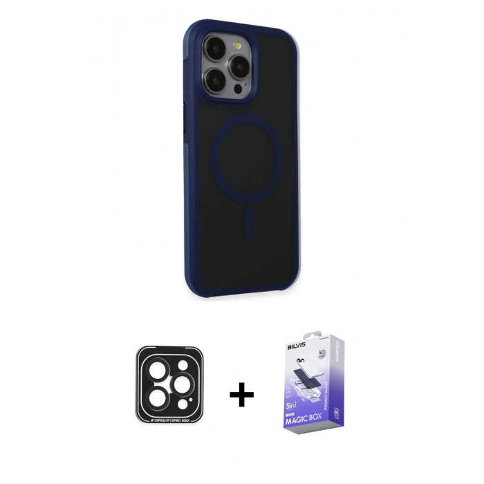 MARSİLYAN™- iPhone 15 Pro Max Kılıf Çekirdek Yansıma Prime - Siyah Bilvis 5in1 5D Magic Hayalet Cam Ekran Koruyucu + Siyah PVD Metal Kamera Lens
