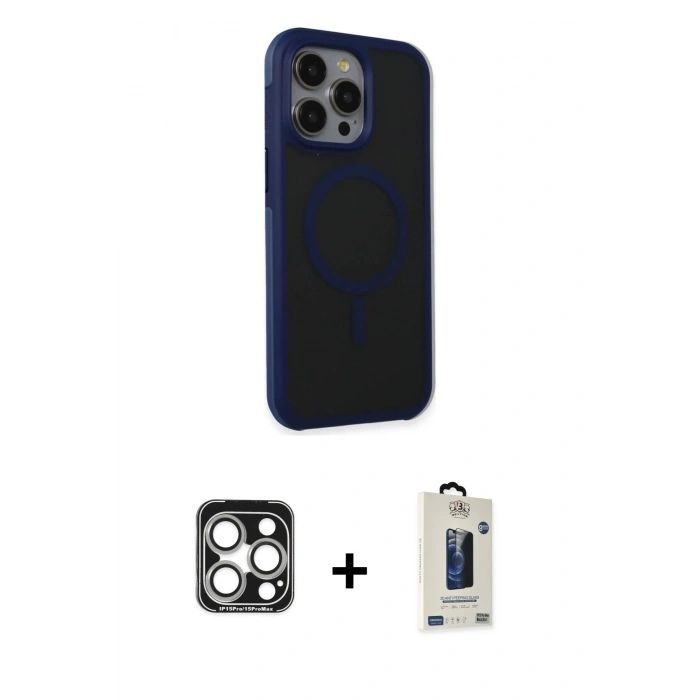 MARSİLYAN™- iPhone 15 Pro Max Kılıf Çekirdek Yansıma Prime - Siyah Bilvis Hayalet Cam Ekran Koruyucu + PVD Metal Kamera Lens - GS