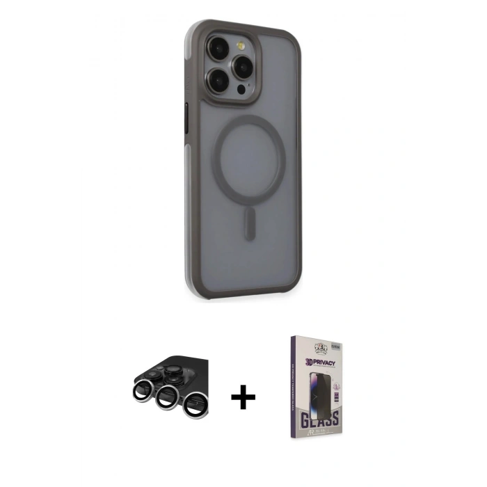MARSİLYAN™- iPhone 15 Pro Max Kılıf Çekirdek Yansıma Prime - Siyah Bilvis Hayalet Cam Ekran Koruyucu + Raze Metal Kamera Lens - GS