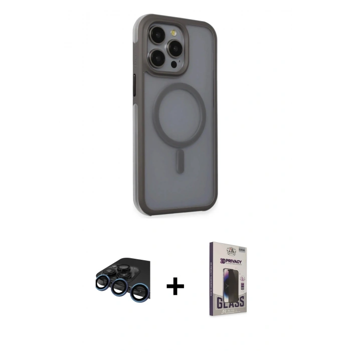 MARSİLYAN™- iPhone 15 Pro Max Kılıf Çekirdek Yansıma Prime - Siyah Bilvis Hayalet Cam Ekran Koruyucu + Raze Metal Kamera Lens - LT