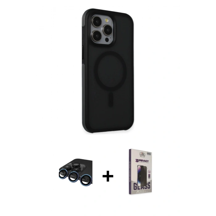 MARSİLYAN™- iPhone 15 Pro Max Kılıf Çekirdek Yansıma Prime - Siyah Bilvis Hayalet Cam Ekran Koruyucu + Raze Metal Kamera Lens - LT