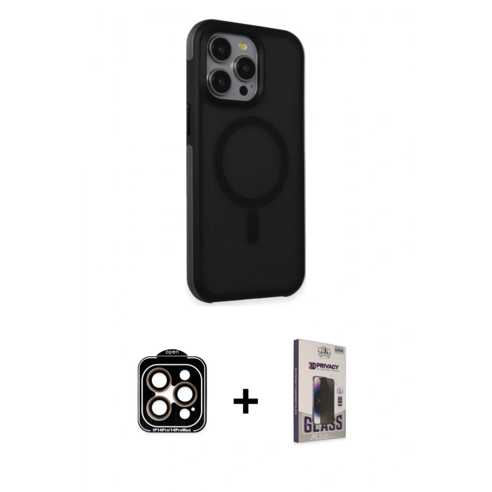 MARSİLYAN™- iPhone 15 Pro Max Kılıf Çekirdek Yansıma Prime - Siyah Bilvis Hayalet Cam Ekran Koruyucu + PVD Metal Kamera Lens - TU
