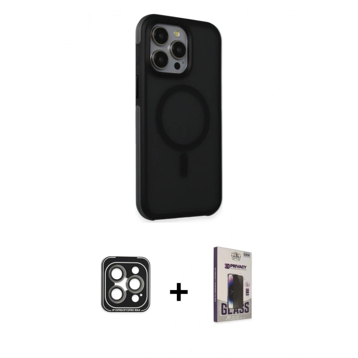 MARSİLYAN™- iPhone 15 Pro Max Kılıf Çekirdek Yansıma Prime - Siyah Bilvis Hayalet Cam Ekran Koruyucu + PVD Metal Kamera Lens - GI