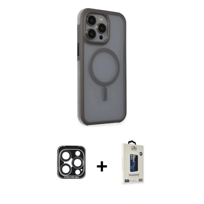 MARSİLYAN™- iPhone 15 Pro Max Kılıf Çekirdek Yansıma Prime - Siyah Bilvis Hayalet Cam Ekran Koruyucu + PVD Metal Kamera Lens - LT