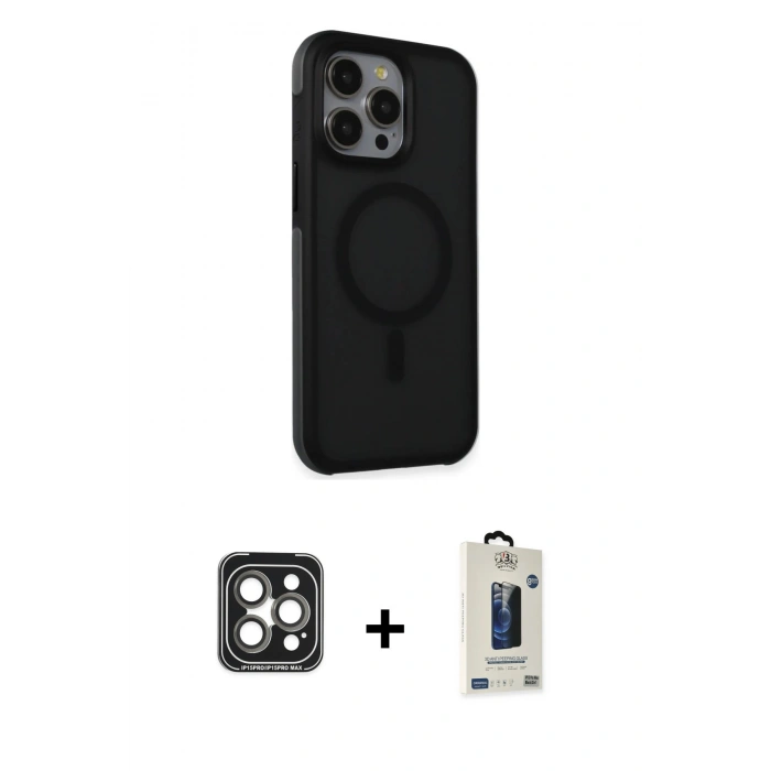 MARSİLYAN™- iPhone 15 Pro Max Kılıf Çekirdek Yansıma Prime - Siyah Bilvis Hayalet Cam Ekran Koruyucu + PVD Metal Kamera Lens - GI