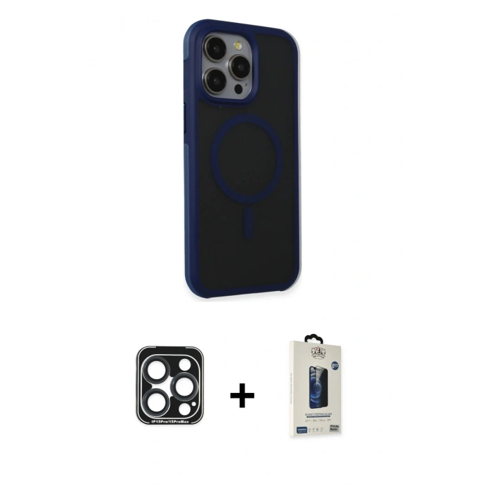 MARSİLYAN™- iPhone 15 Pro Max Kılıf Çekirdek Yansıma Prime - Siyah Bilvis Hayalet Cam Ekran Koruyucu + PVD Metal Kamera Lens - LT