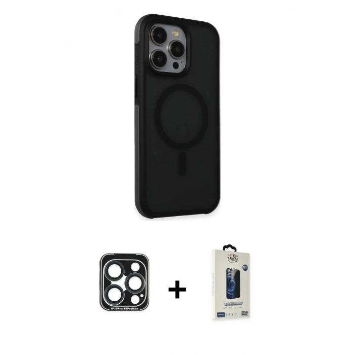 MARSİLYAN™- iPhone 15 Pro Max Kılıf Çekirdek Yansıma Prime - Siyah Bilvis Hayalet Cam Ekran Koruyucu + PVD Metal Kamera Lens - LT