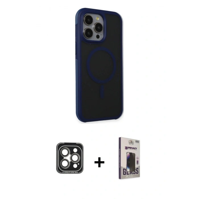 MARSİLYAN™- iPhone 15 Pro Max Kılıf Çekirdek Yansıma Prime - Siyah Bilvis Hayalet Cam Ekran Koruyucu + PVD Metal Kamera Lens - GI