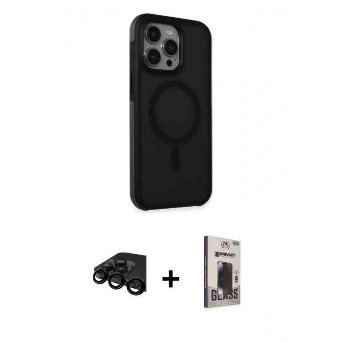 MARSİLYAN™- iPhone 15 Pro Max Kılıf Çekirdek Yansıma Prime - Siyah Bilvis Hayalet Cam Ekran Koruyucu + Raze Metal Kamera Lens - SH