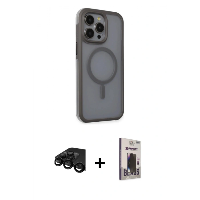 MARSİLYAN™- iPhone 15 Pro Max Kılıf Çekirdek Yansıma Prime - Siyah Bilvis Hayalet Cam Ekran Koruyucu + Raze Metal Kamera Lens - SH