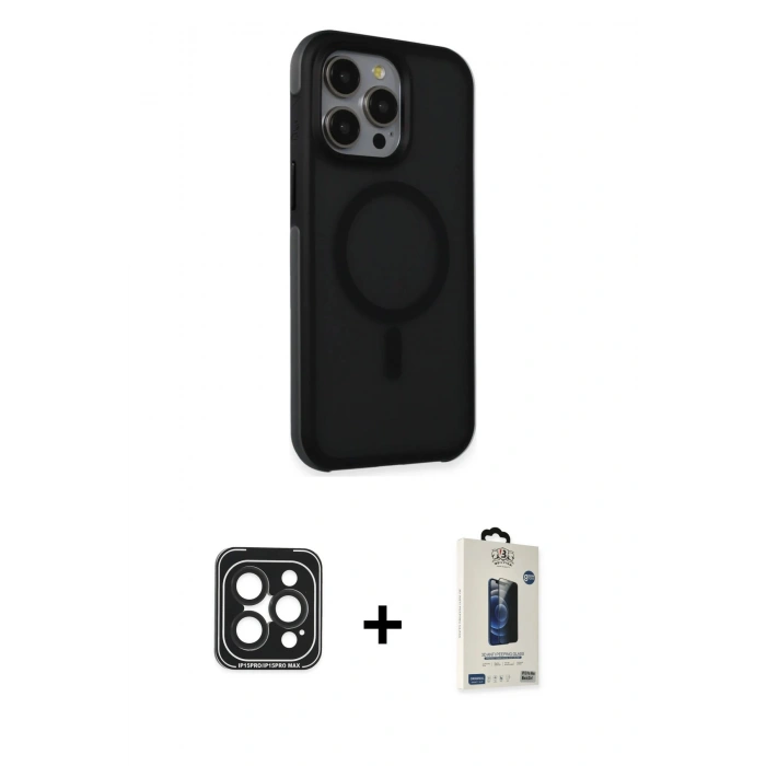 MARSİLYAN™- iPhone 15 Pro Max Kılıf Çekirdek Yansıma Prime - Siyah Bilvis Hayalet Cam Ekran Koruyucu + PVD Metal Kamera Lens - SH