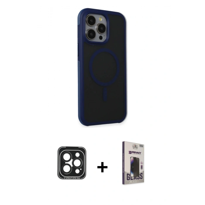MARSİLYAN™- iPhone 15 Pro Max Kılıf Çekirdek Yansıma Prime - Siyah Bilvis Hayalet Cam Ekran Koruyucu + PVD Metal Kamera Lens - SH