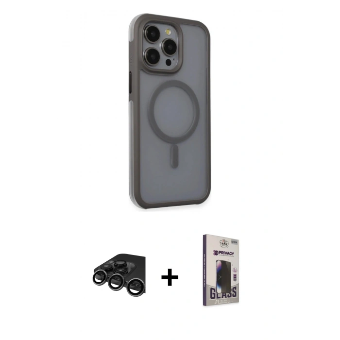 MARSİLYAN™- iPhone 15 Pro Max Kılıf Çekirdek Yansıma Prime - Siyah Bilvis Hayalet Cam Ekran Koruyucu + Raze Metal Kamera Lens - TMGI
