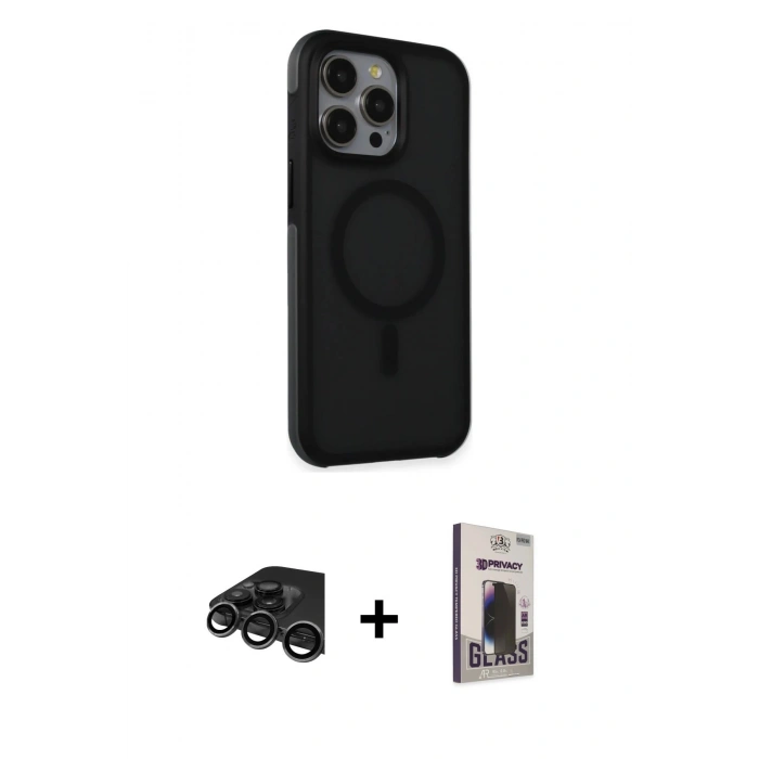 MARSİLYAN™- iPhone 15 Pro Max Kılıf Çekirdek Yansıma Prime - Siyah Bilvis Hayalet Cam Ekran Koruyucu + Raze Metal Kamera Lens - TMGI