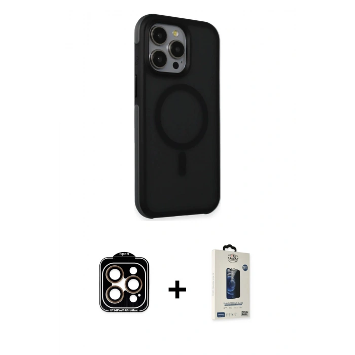 MARSİLYAN™- iPhone 15 Pro Max Kılıf Çekirdek Yansıma Prime - Siyah Bilvis Hayalet Cam Ekran Koruyucu + PVD Metal Kamera Lens - TU