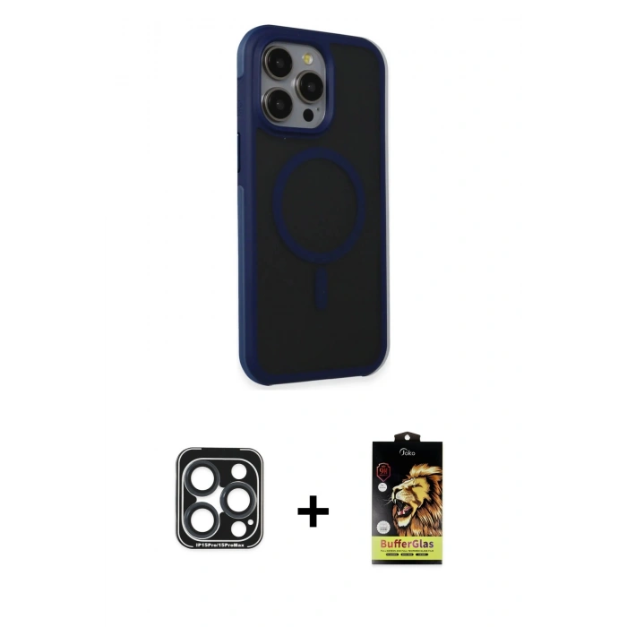 MARSİLYAN™- iPhone 15 Pro Max Kılıf Çekirdek Yansıma Prime - Siyah Buffer Cam Ekran Koruyucu + Lacivert PVD Metal Kamera Lens
