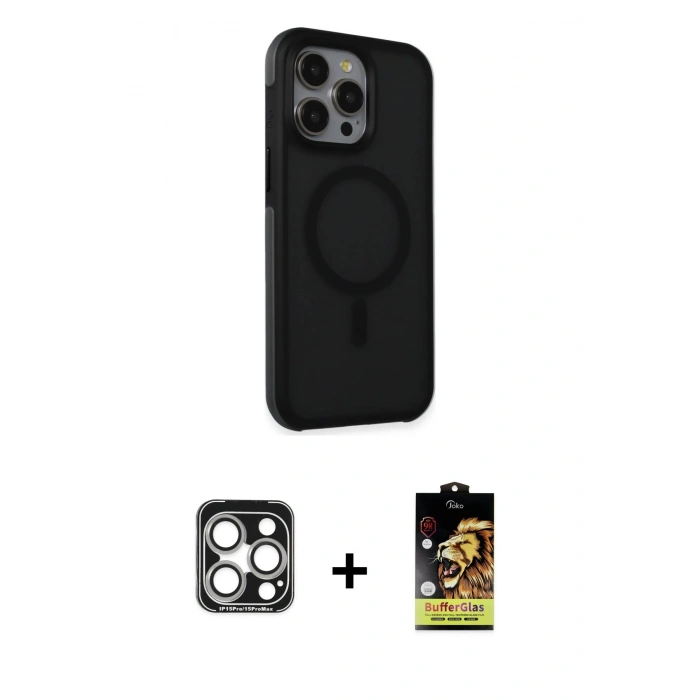 MARSİLYAN™- iPhone 15 Pro Max Kılıf Çekirdek Yansıma Prime - Siyah Buffer Cam Ekran Koruyucu + PVD Metal Kamera Lens - GS