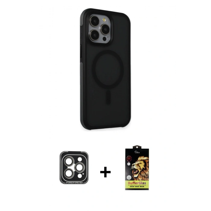 MARSİLYAN™- iPhone 15 Pro Max Kılıf Çekirdek Yansıma Prime - Siyah Buffer Cam Ekran Koruyucu + PVD Metal Kamera Lens - GI