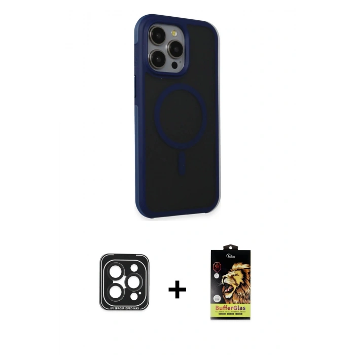 MARSİLYAN™- iPhone 15 Pro Max Kılıf Çekirdek Yansıma Prime - Siyah Buffer Cam Ekran Koruyucu + PVD Metal Kamera Lens - SH