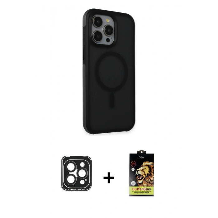 MARSİLYAN™- iPhone 15 Pro Max Kılıf Çekirdek Yansıma Prime - Siyah Buffer Cam Ekran Koruyucu + PVD Metal Kamera Lens - SH