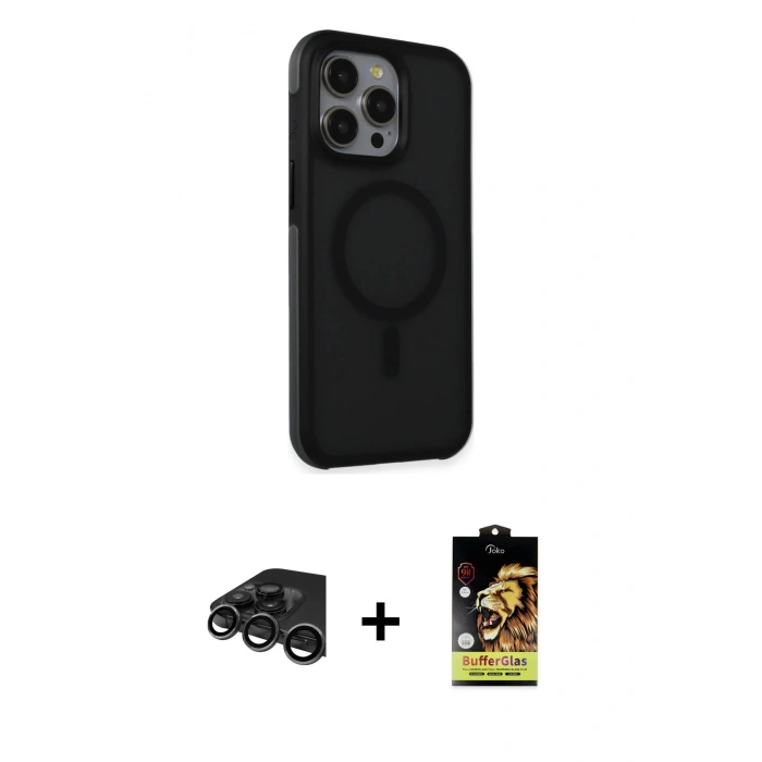 MARSİLYAN™- iPhone 15 Pro Max Kılıf Çekirdek Yansıma Prime - Siyah Buffer Cam Ekran Koruyucu + Titanyum Gri Raze Metal Kamera Lens