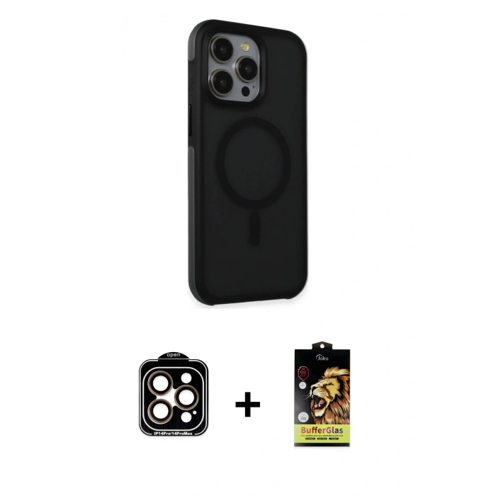 MARSİLYAN™- iPhone 15 Pro Max Kılıf Çekirdek Yansıma Prime - Siyah Buffer Cam Ekran Koruyucu + PVD Metal Kamera Lens - TU