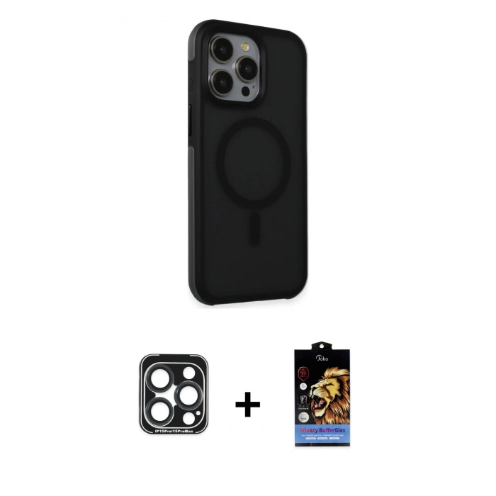 MARSİLYAN™- iPhone 15 Pro Max Kılıf Çekirdek Yansıma Prime - Siyah Buffer Hayalet Cam Ekran Koruyucu + PVD Metal Kamera Lens - LT