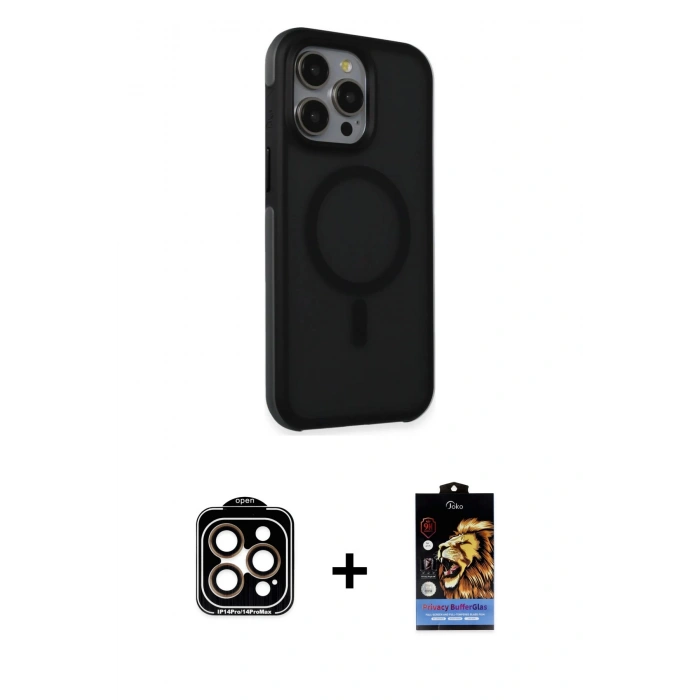 MARSİLYAN™- iPhone 15 Pro Max Kılıf Çekirdek Yansıma Prime - Siyah Buffer Hayalet Cam Ekran Koruyucu + PVD Metal Kamera Lens - TU