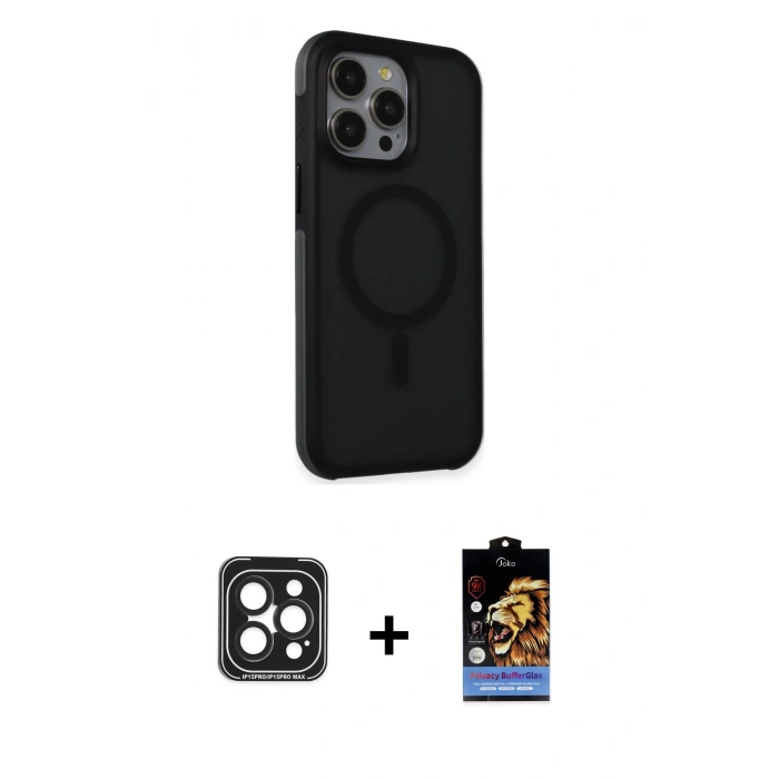 MARSİLYAN™- iPhone 15 Pro Max Kılıf Çekirdek Yansıma Prime - Siyah Buffer Hayalet Cam Ekran Koruyucu + PVD Metal Kamera Lens - SH
