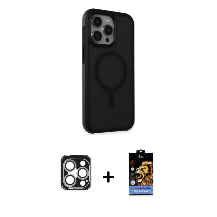MARSİLYAN™- iPhone 15 Pro Max Kılıf Çekirdek Yansıma Prime - Siyah Buffer Hayalet Cam Ekran Koruyucu + PVD Metal Kamera Lens - GS