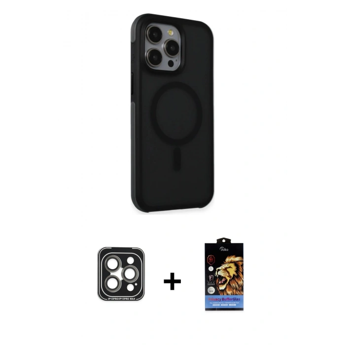 MARSİLYAN™- iPhone 15 Pro Max Kılıf Çekirdek Yansıma Prime - Siyah Buffer Hayalet Cam Ekran Koruyucu + PVD Metal Kamera Lens - GI