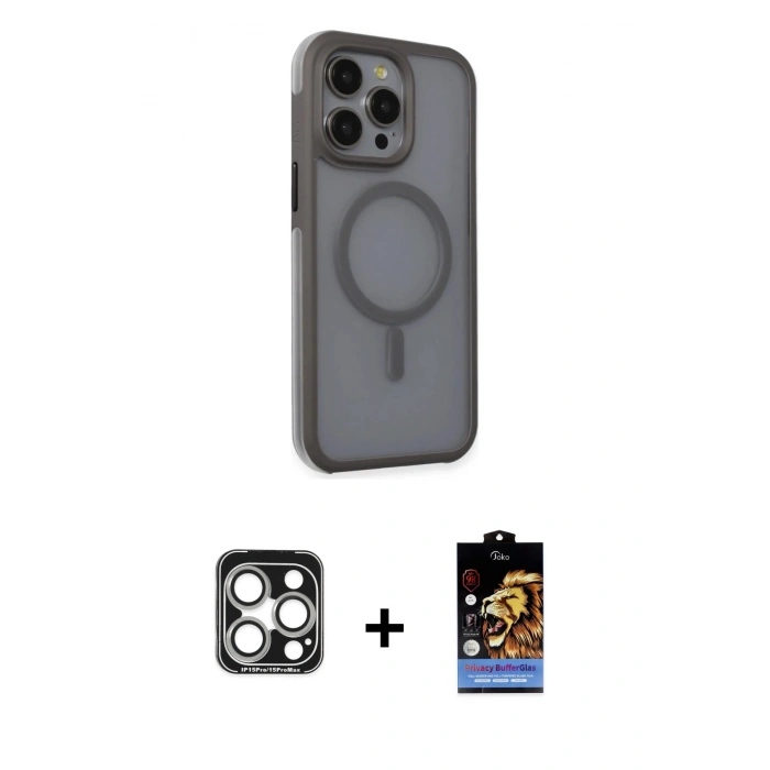 MARSİLYAN™- iPhone 15 Pro Max Kılıf Çekirdek Yansıma Prime - Siyah Buffer Hayalet Cam Ekran Koruyucu + PVD Metal Kamera Lens - GS