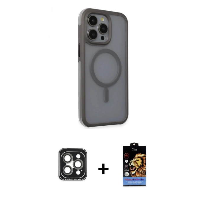 MARSİLYAN™- iPhone 15 Pro Max Kılıf Çekirdek Yansıma Prime - Siyah Buffer Hayalet Cam Ekran Koruyucu + PVD Metal Kamera Lens - GI
