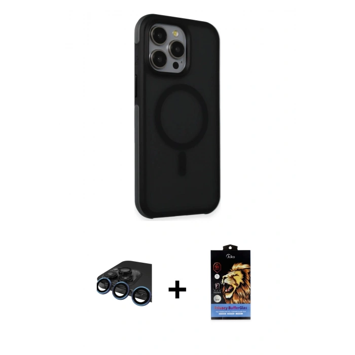 MARSİLYAN™- iPhone 15 Pro Max Kılıf Çekirdek Yansıma Prime - Siyah Buffer Hayalet Cam Ekran Koruyucu + Raze Metal Kamera Lens - LT
