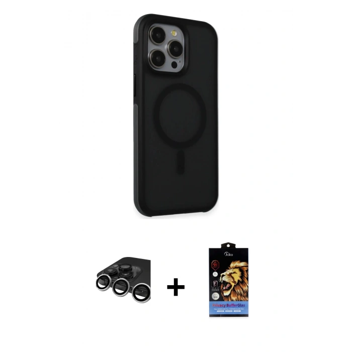 MARSİLYAN™- iPhone 15 Pro Max Kılıf Çekirdek Yansıma Prime - Siyah Buffer Hayalet Cam Ekran Koruyucu + Raze Metal Kamera Lens - GS