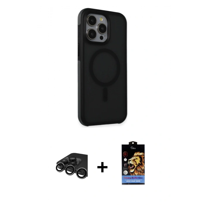 MARSİLYAN™- iPhone 15 Pro Max Kılıf Çekirdek Yansıma Prime - Siyah Buffer Hayalet Cam Ekran Koruyucu + Raze Metal Kamera Lens - TMGI