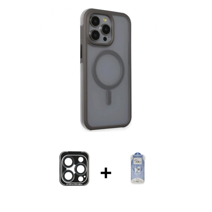MARSİLYAN™- iPhone 15 Pro Max Kılıf Çekirdek Yansıma Prime - Siyah Joko Magic 5D Cam + Lacivert PVD Metal Kamera Lens