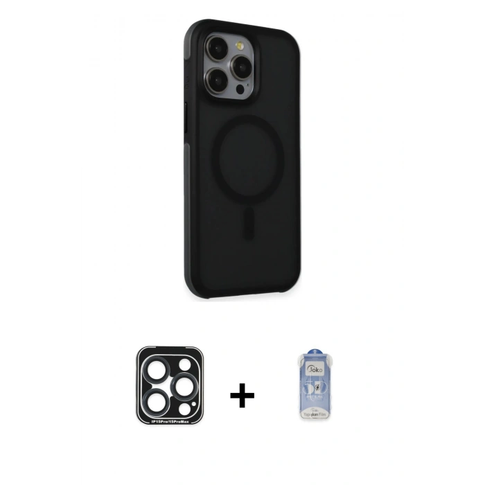 MARSİLYAN™- iPhone 15 Pro Max Kılıf Çekirdek Yansıma Prime - Siyah Joko Magic 5D Cam + Lacivert PVD Metal Kamera Lens