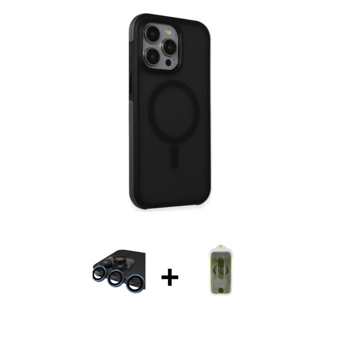 MARSİLYAN™- iPhone 15 Pro Max Kılıf Çekirdek Yansıma Prime - Siyah Joko Magic 5D Hayalet Cam + Lacivert Raze Metal Kamera Lens