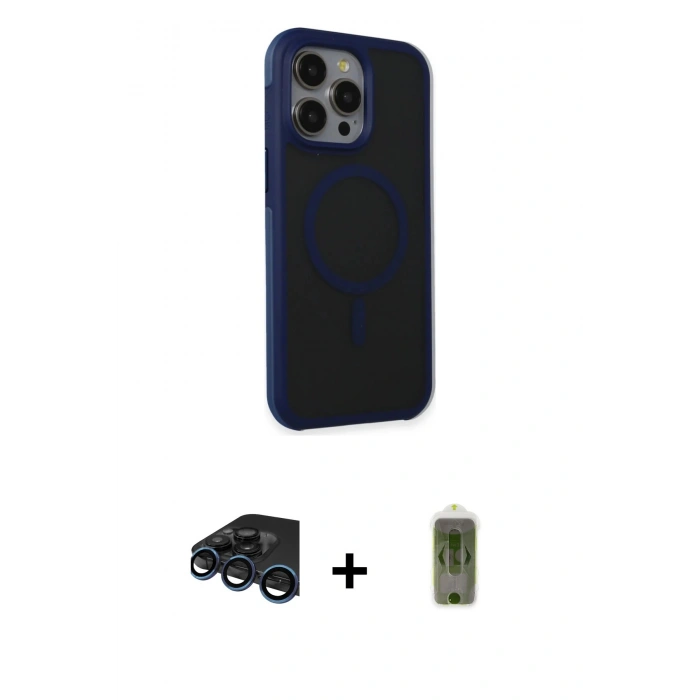MARSİLYAN™- iPhone 15 Pro Max Kılıf Çekirdek Yansıma Prime - Siyah Joko Magic 5D Hayalet Cam + Lacivert Raze Metal Kamera Lens