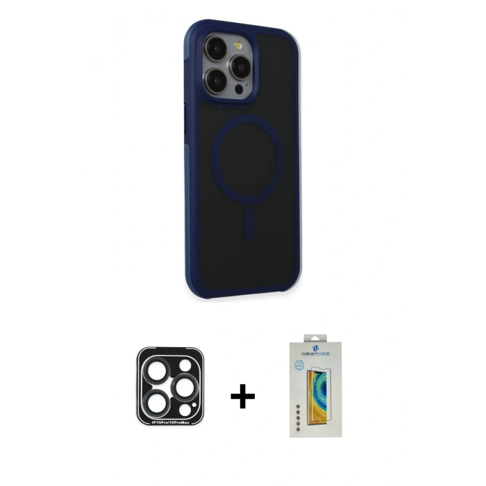 MARSİLYAN™- iPhone 15 Pro Max Kılıf Çekirdek Yansıma Prime - Siyah Polymer Nano Ekran Koruyucu + Lacivert PVD Metal Kamera Lens